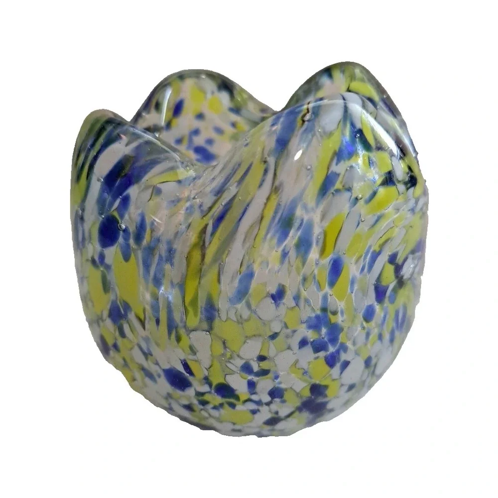 MCM Art Deco Glass Hand Blown Vase Cup Scallop Yellow Blue 3.5